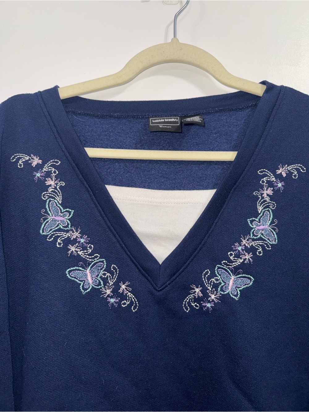 Bobbie Brooks Navy V-Neck Sweater with Pastel Butterfly Embroidery - Picture 3 of 3